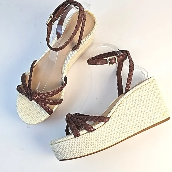 NEW Antonio Melani Lorinna Brown Braided Leather Ankle Strap Platform Sandal - Picture 2 of 16